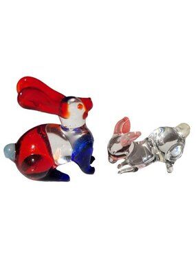 Lot of 2 Miniature Blown Art Glass Bunny Rabbits Animal Figurines Red Blue Pink